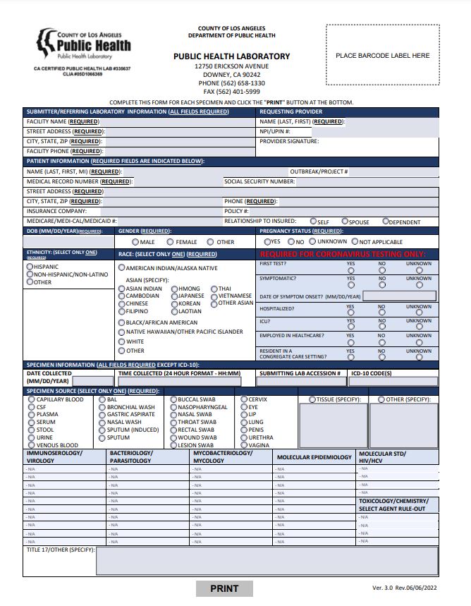 LA County Public Health Lab Test Request Form LA SPETC